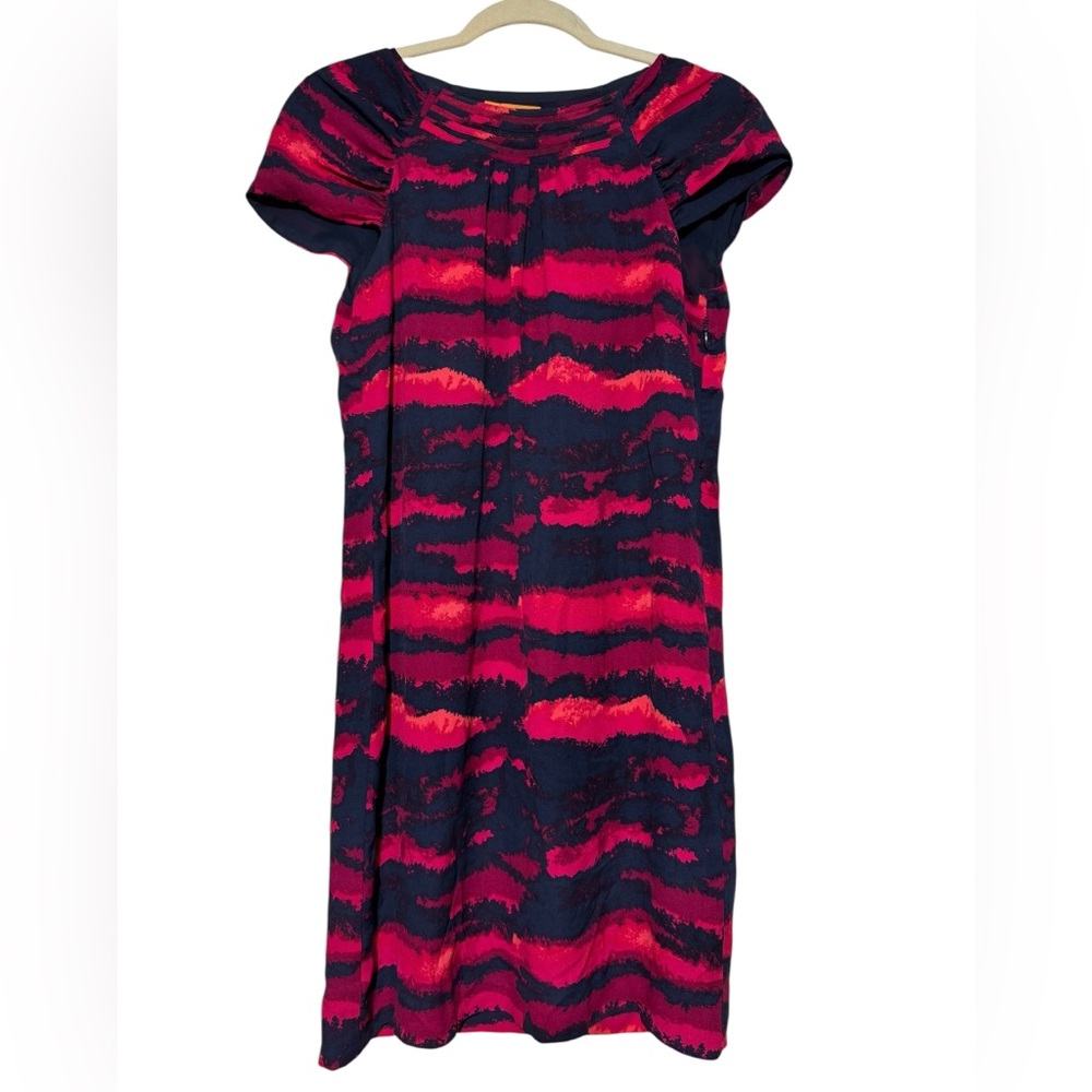 Tory Burch 100% Silk Red Navy Blue Cap‎ Sleeve Shift Dress Women’s Size 2